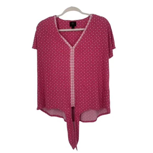 JM Collection Pink Tie-Front Geometric Blouse Small (Fits Medium) - Picture 2 of 6